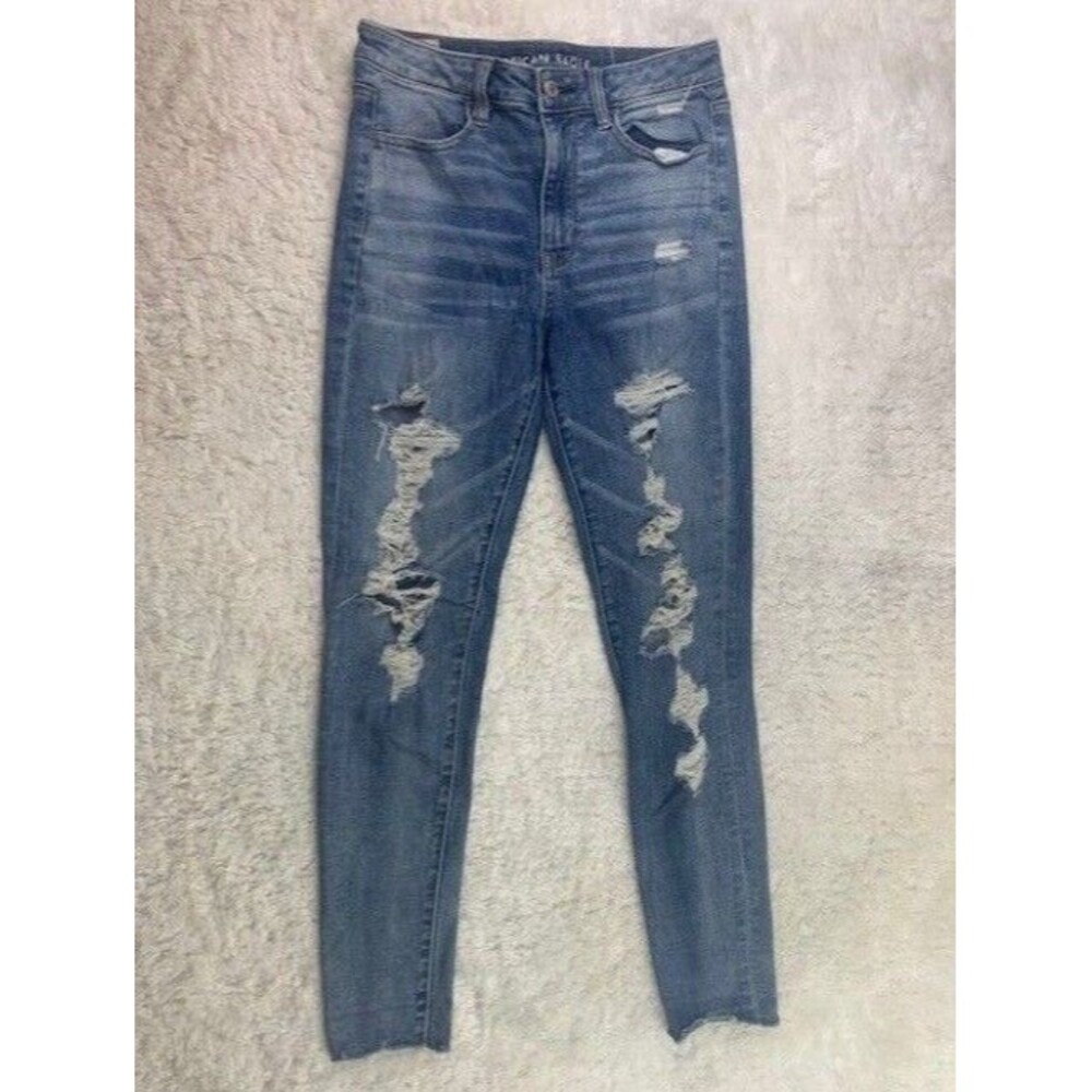 American Eagle Size 6 Women Super Hi Rise Jegging Jeans Stretch Distress Raw Hem